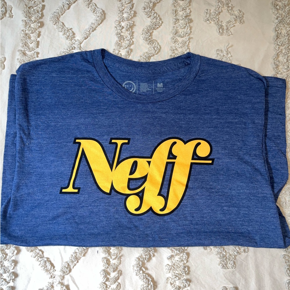 Vintage Neff Heather Blue Tee with Bold Yellow Graphic